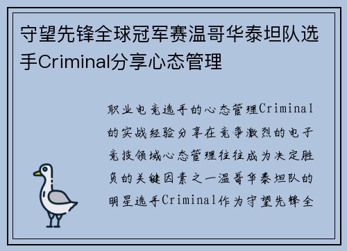 守望先锋全球冠军赛温哥华泰坦队选手Criminal分享心态管理