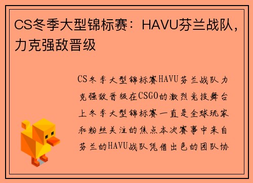 CS冬季大型锦标赛：HAVU芬兰战队，力克强敌晋级