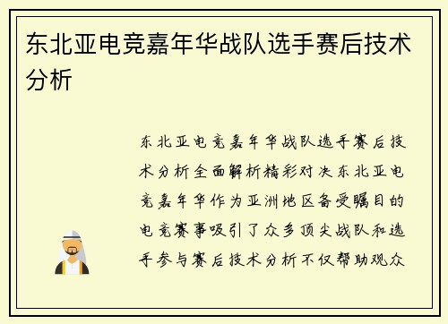 东北亚电竞嘉年华战队选手赛后技术分析